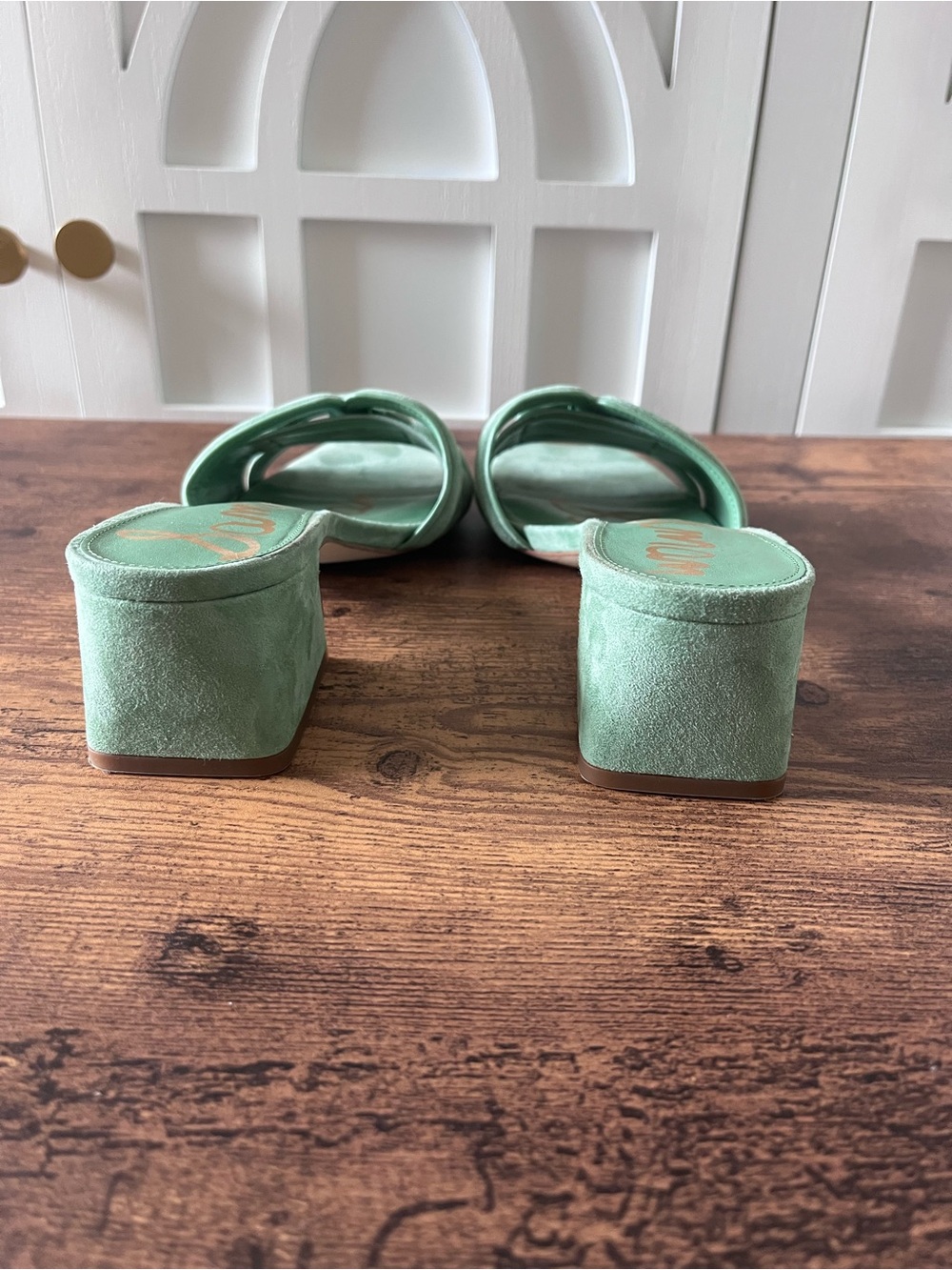 Sam Edelman 7.5 Waylon Garden Green Suede Block Heel Mules Slides Sandals - Picture 9 of 10